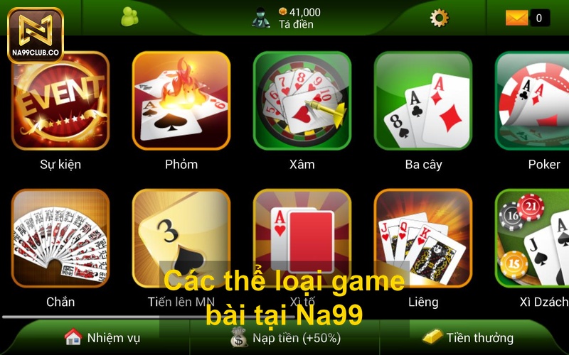 Các thể loại game bài tại Na99